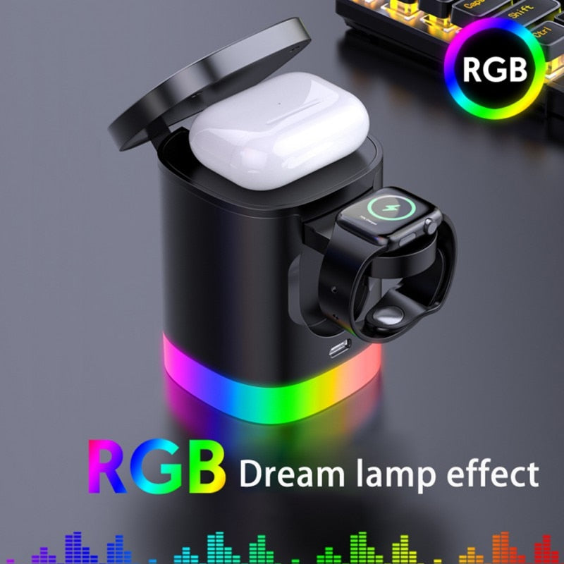 3 in 1 Magnetic Wireless Fast Charger for Smart Phone RGB Ambient Light Charging Station for Airpods Iwatch