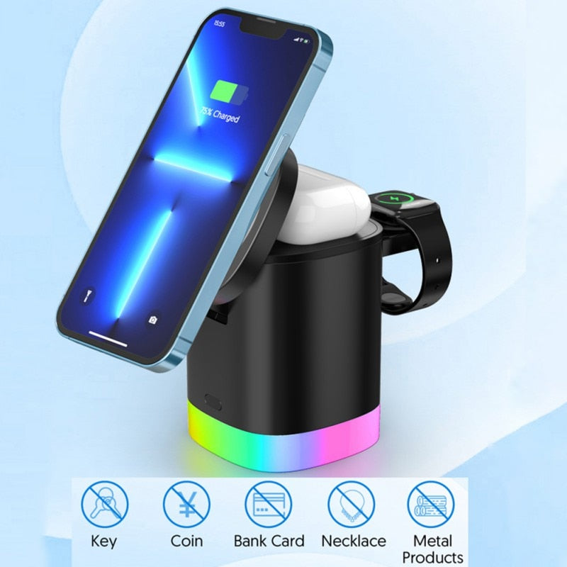 3 in 1 Magnetic Wireless Fast Charger for Smart Phone RGB Ambient Light Charging Station for Airpods Iwatch