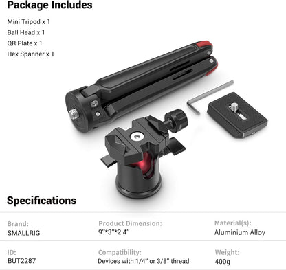 Tabletop Tripod, Mini Desktop Travel Tripod Aluminum Alloy with 360 Degree Ball Head and Quick Release Plate Lightweight and Portable for Compact Cameras Dslrs, Phone, Gopro（Black）- BUT2287