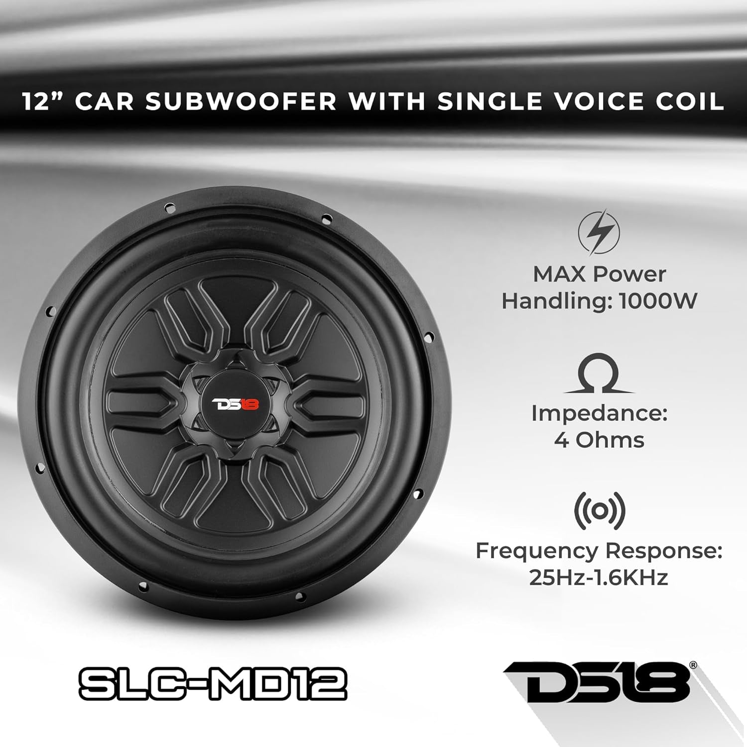 SLC-MD12 Subwoofer in Black - 12-Inch Speaker, 500W Max Power, 250W RMS Power, ACCAW 4 Layer Voice Coil, Black Steel Frame, SVC, 4 Ohm Impedance, Ferrite Magnet (1 Speaker)